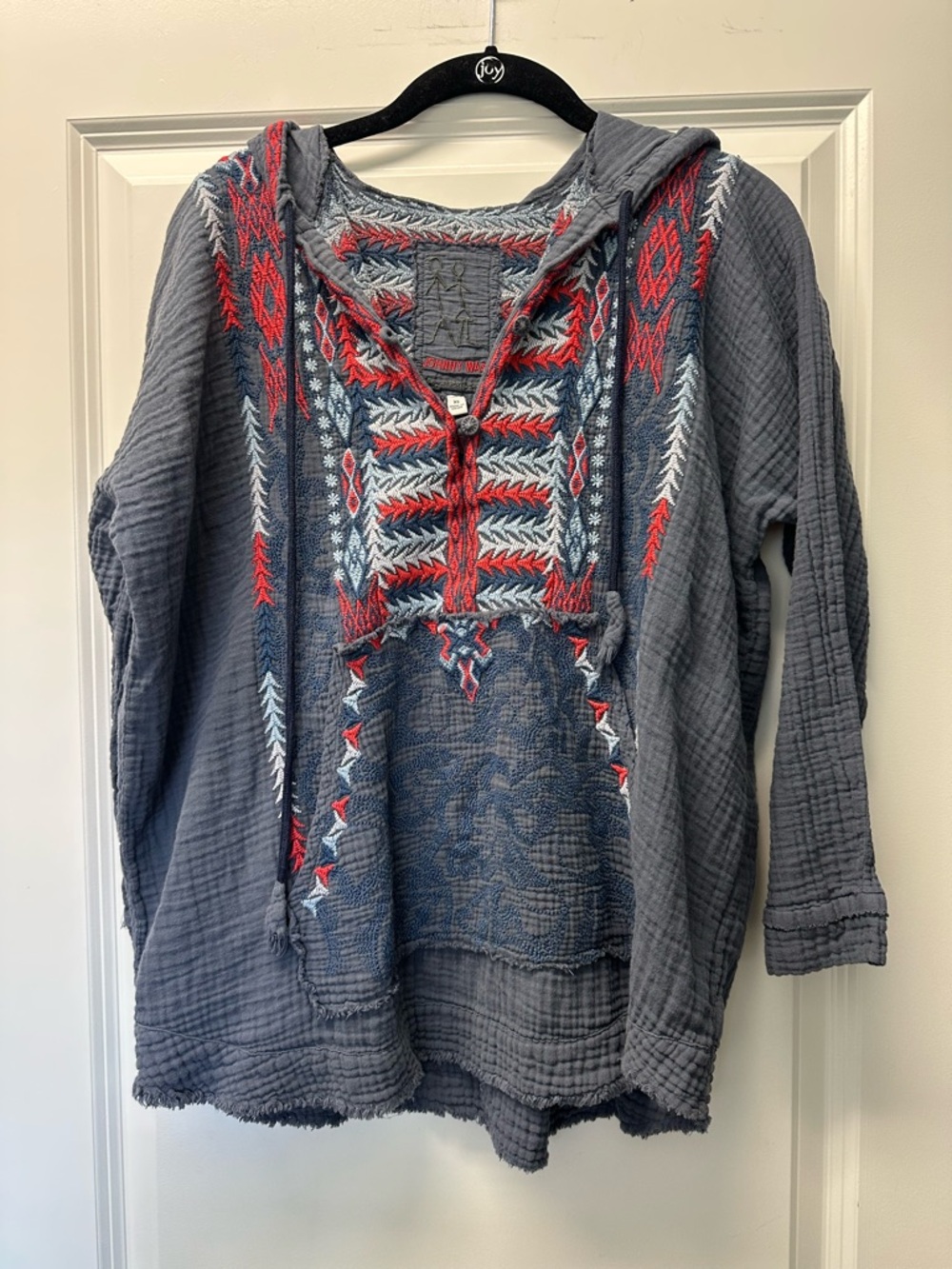 Johnny Was Navy, Gray & Red Embroidered Hooded Pullover
